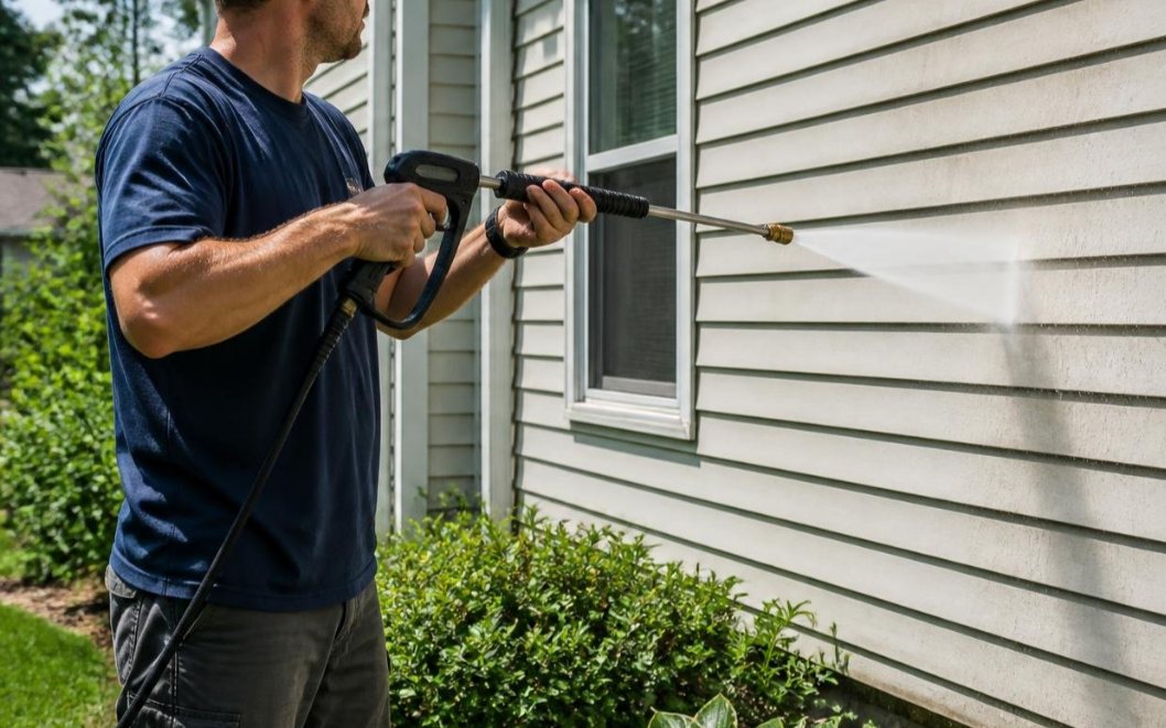 A man power-washing the vinyl siding of a house, the spray fanning across the boards mid-panel